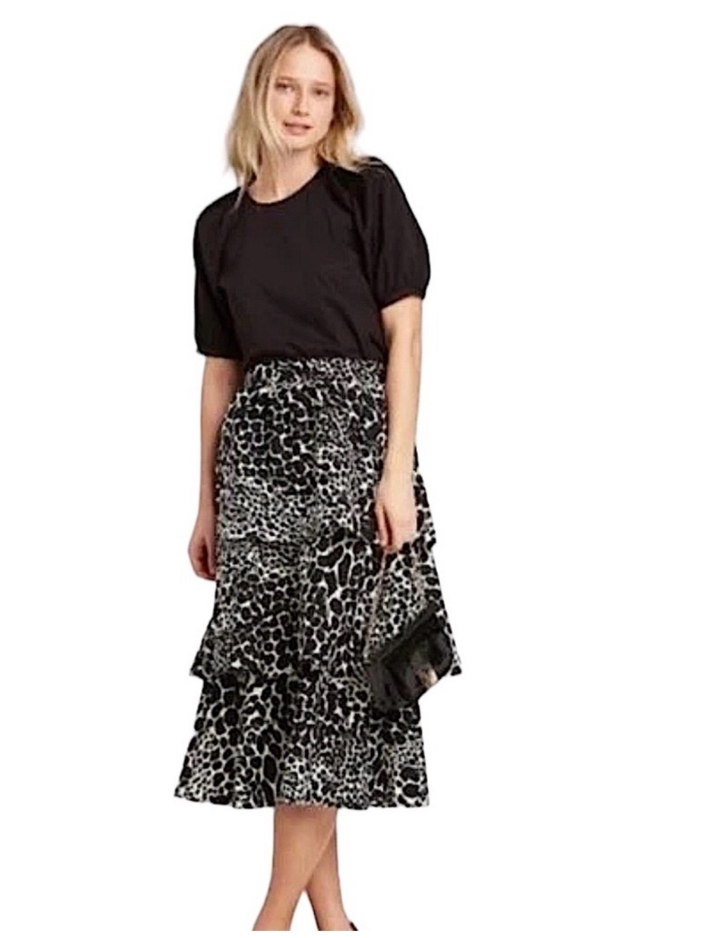 Who What Wear Black and White Tiered Animal-Print Skirt